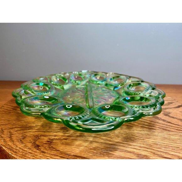 LE Smith Moon and Star Mint Green Carnival Glass Deviled Egg Plate - Picture 12 of 16